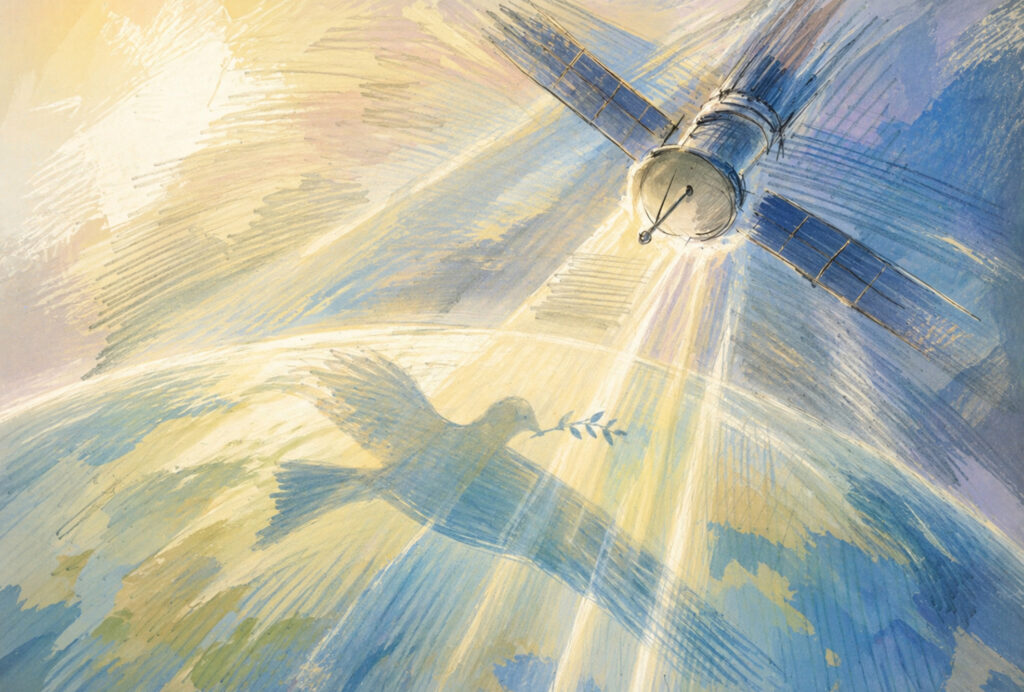Illustration of a satellite orbiting earth with the shadow of a dove of peace holding an olive branch by Lorenzo Rumori